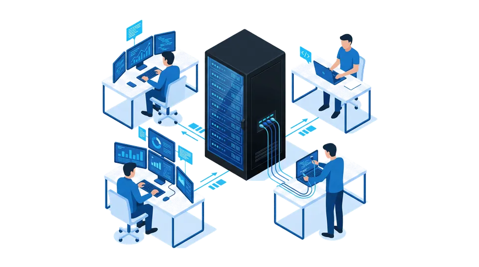 Illustration einer vernetzten IT-Infrastruktur mit zentralem Server